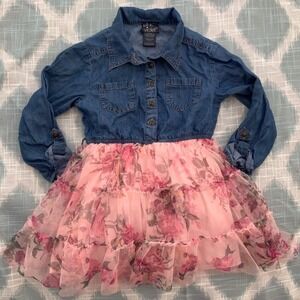 Girls Sz 5 Pink Violet Denim Dress Floral Tulle Skirt Long Sleeve Girls Size